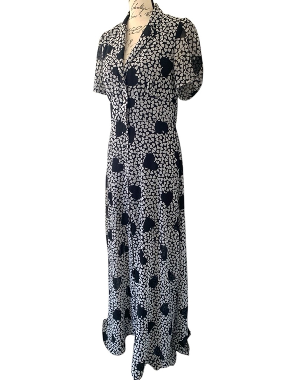 Betsey Johnson Black & White Heart Print Maxi Dress SIze 8 - Picture 4 of 9